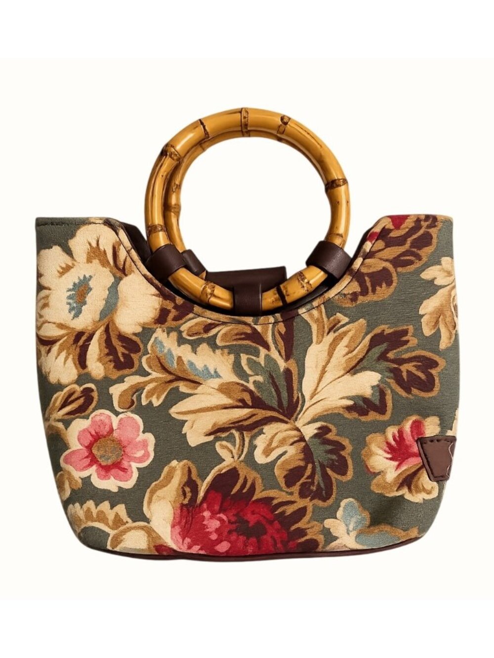 Floral Canvas Handbag Bamboo Handles Sisters Longaberger Mini Brown Snap Closure